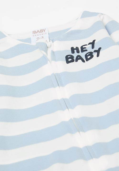 Cotton On - The long sleeve zip romper - dawn blue/hey baby rugby stripe