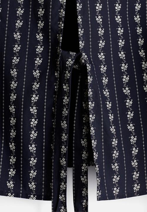 H&M - Cropped tie-detail shirt - navy blue floral