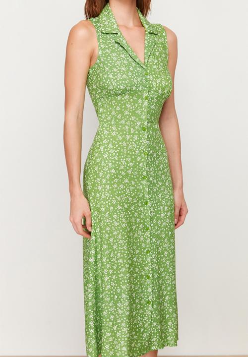 Trendyol - Floral viscose midi woven dress - green