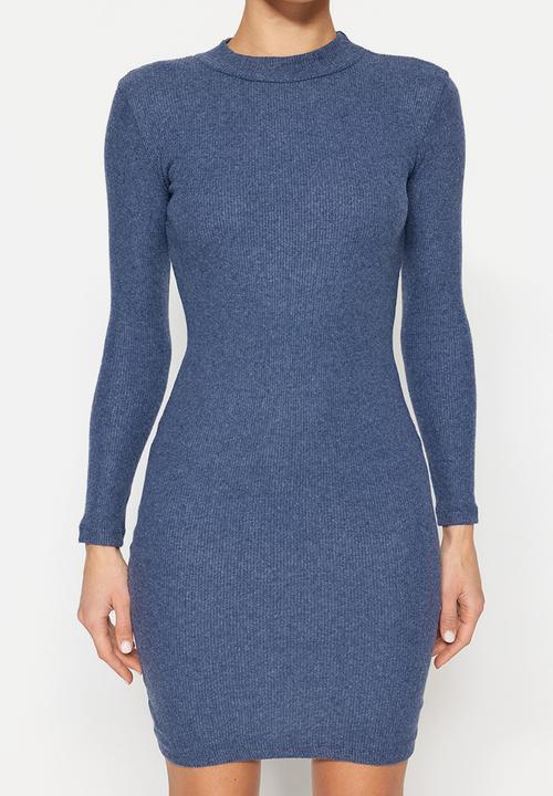 Trendyol - Mini half turtleneck ribbed stretch knit dress - indigo