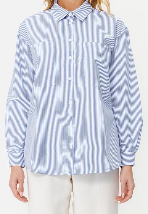 Trendyol - Striped oversize wide fit woven shirt  - navy blue