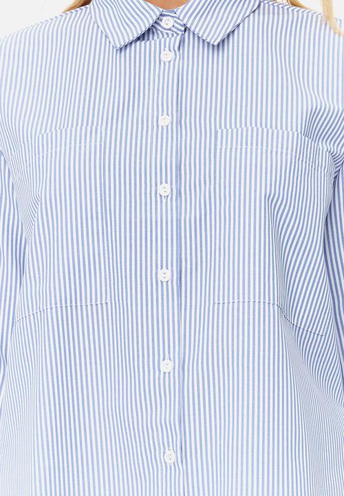 Trendyol - Striped oversize wide fit woven shirt  - navy blue