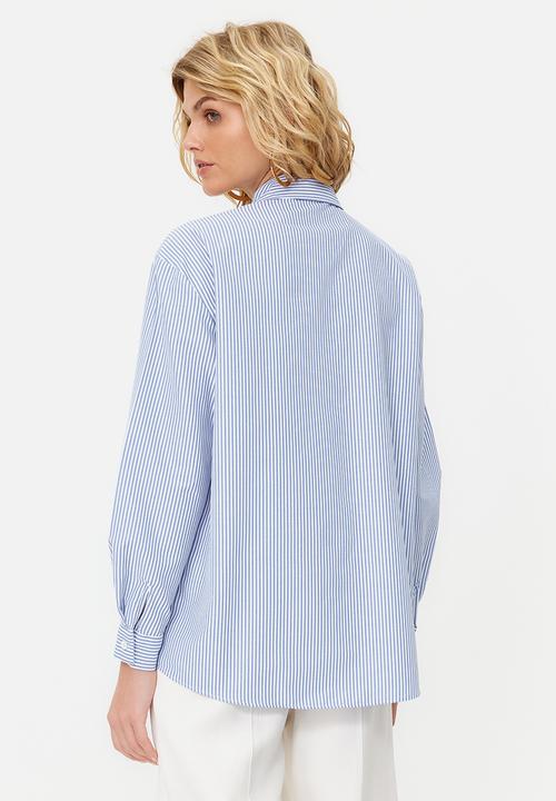 Trendyol - Striped oversize wide fit woven shirt  - navy blue