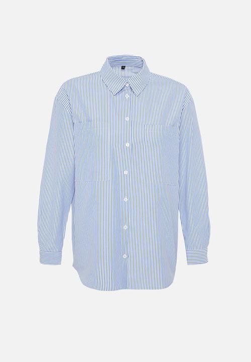 Trendyol - Striped oversize wide fit woven shirt  - navy blue