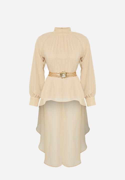 Trendyol -  beige button detailed asymmetric chiffon tunic - beige