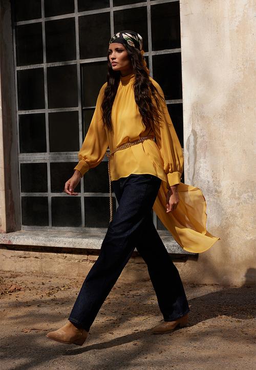Trendyol - Floral button detailed asymmetric chiffon tunic - mustard