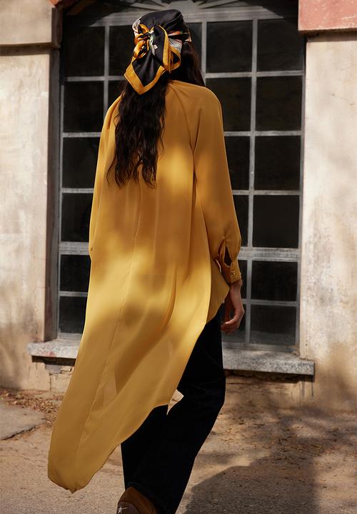 Trendyol - Floral button detailed asymmetric chiffon tunic - mustard