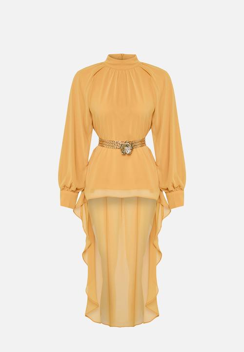 Trendyol - Floral button detailed asymmetric chiffon tunic - mustard