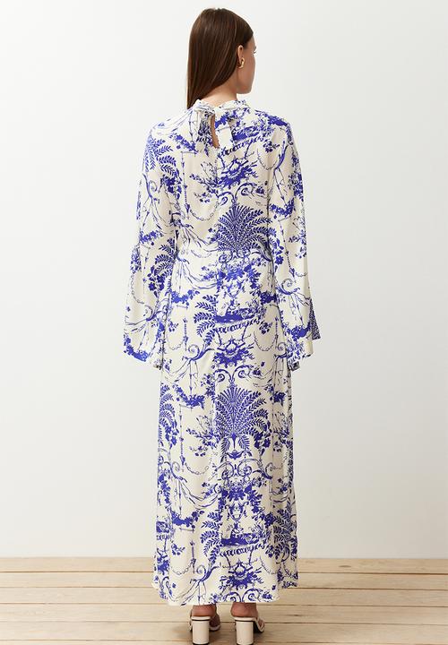 Trendyol - Patterned collar detail wide sleeve viscose woven dress - navy blue