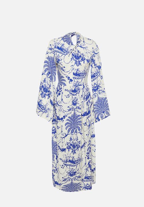 Trendyol - Patterned collar detail wide sleeve viscose woven dress - navy blue