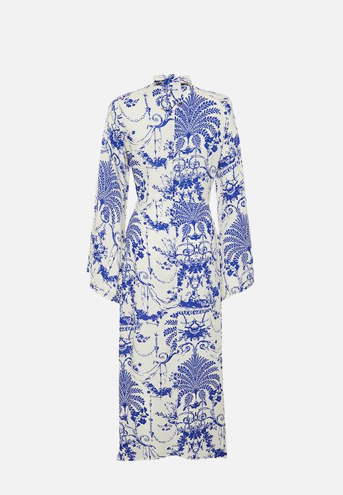 Trendyol - Patterned collar detail wide sleeve viscose woven dress - navy blue