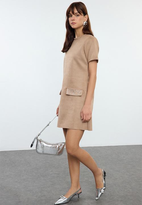 Trendyol - Crew neck shift mini suede knitted dress  - mink
