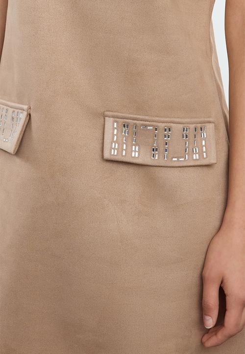Trendyol - Crew neck shift mini suede knitted dress  - mink