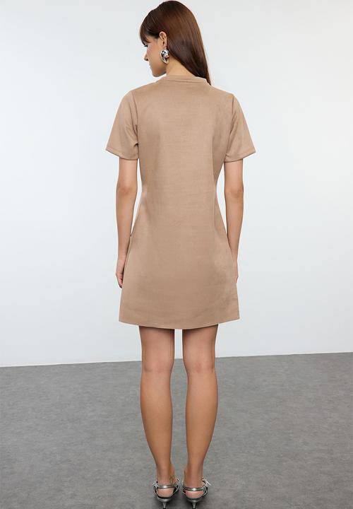 Trendyol - Crew neck shift mini suede knitted dress  - mink
