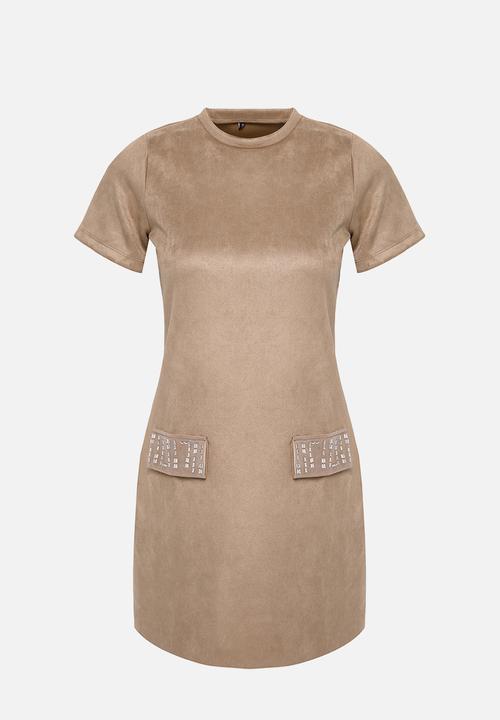 Trendyol - Crew neck shift mini suede knitted dress  - mink