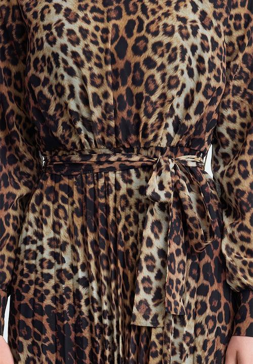 Trendyol - Leopard patterned belt detailed lined pleated chiffon woven dress - brown