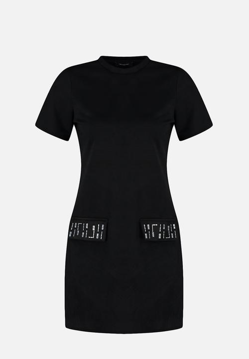 Trendyol - Crew neck stone detailed shift/straight mini suede knitted dress  - black
