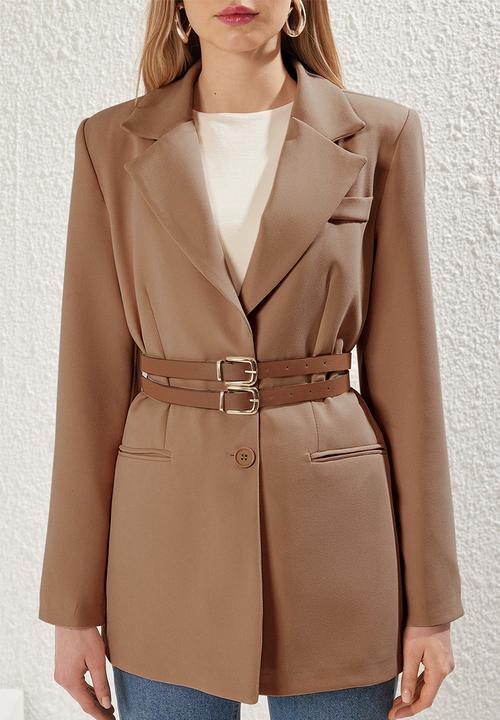 Trendyol - Brown double belted lined woven jacket - light brown