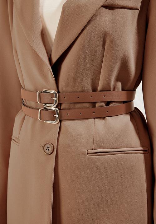 Trendyol - Brown double belted lined woven jacket - light brown