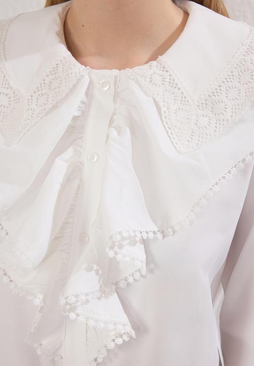 Trendyol - Collar Lace Front Ruffle Detail Woven Shirt - ecru