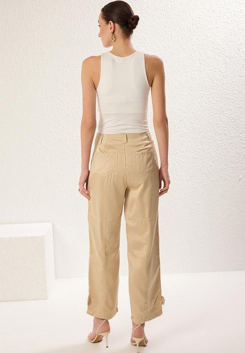 Trendyol - Wide leg soft gabardine woven trousers - beige