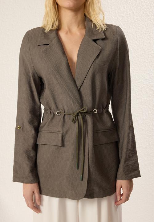 Trendyol - Waist hidden belted gathered woven blazer jacket  - khaki