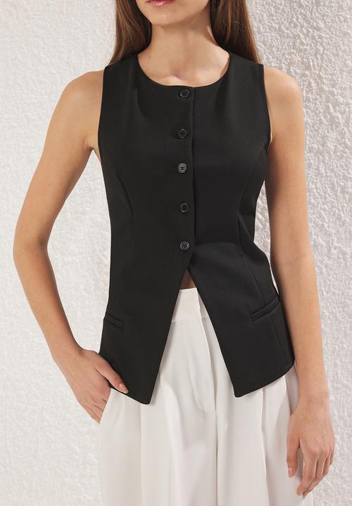 Trendyol - Fleto pocket detailed buttoned sleeveless blazer vest  - black