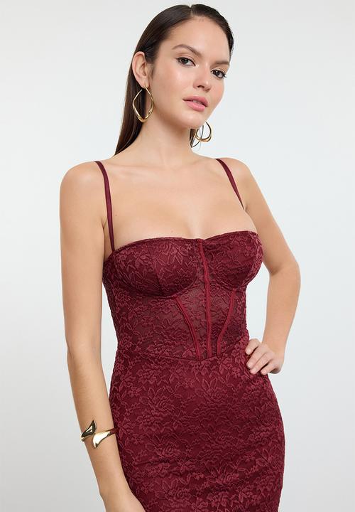Trendyol - Lined lace knit midi evening prom dress - dark burgundy