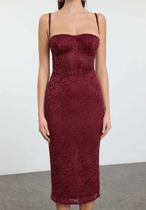 Trendyol - Lined lace knit midi evening prom dress - dark burgundy