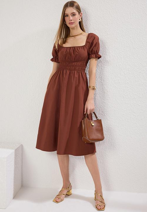 Trendyol - Plain Skirt Elastic Waist Lined Midi Woven Dress - Dark Brown