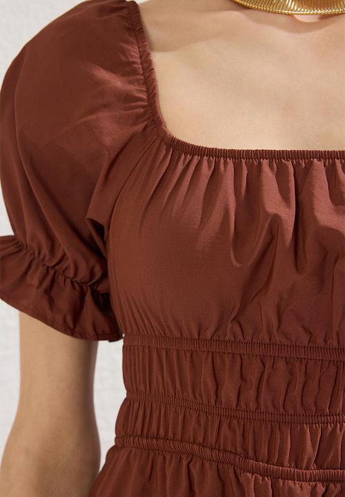 Trendyol - Plain Skirt Elastic Waist Lined Midi Woven Dress - Dark Brown