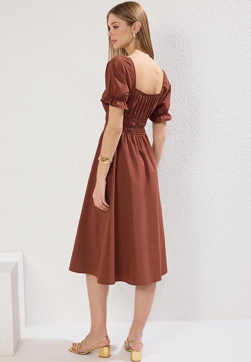 Trendyol - Plain Skirt Elastic Waist Lined Midi Woven Dress - Dark Brown