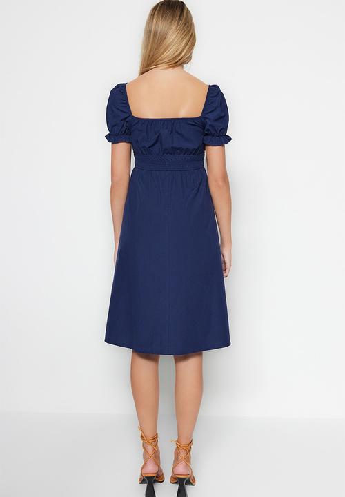 Trendyol - Balloon sleeve lined midi woven dress - navy blue