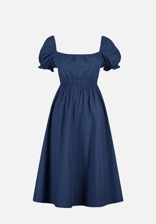 Trendyol - Balloon sleeve lined midi woven dress - navy blue