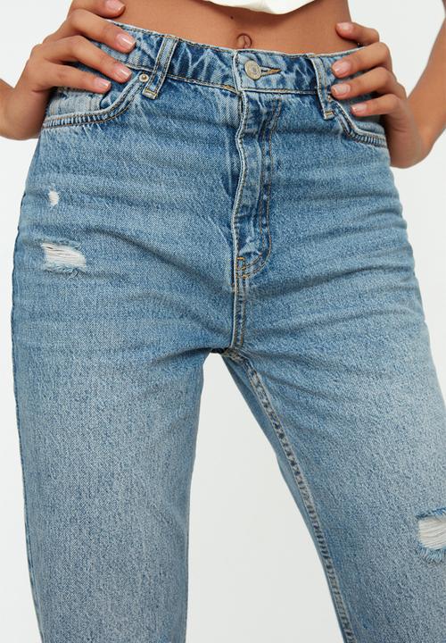 Trendyol - Ripped detailed high waist straight jeans - blue