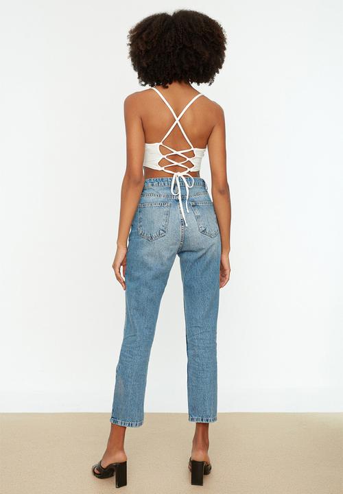 Trendyol - Ripped detailed high waist straight jeans - blue