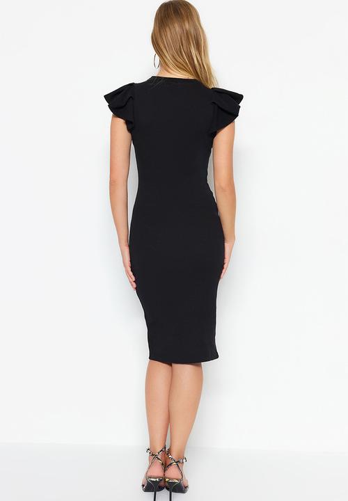 Trendyol - Ribbed sleeves flounced bodycone/fitted midi flexible knitted pencil dress  - black