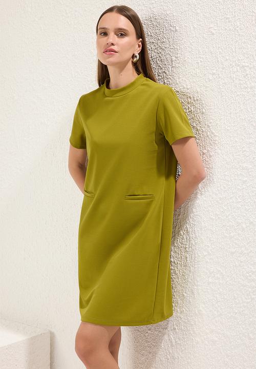 Trendyol - Pocket look skater/waist open mini crepe dress  - green