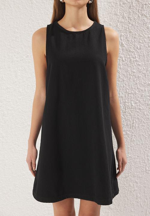 Trendyol - Black flounce oversize mini denim dress  - black
