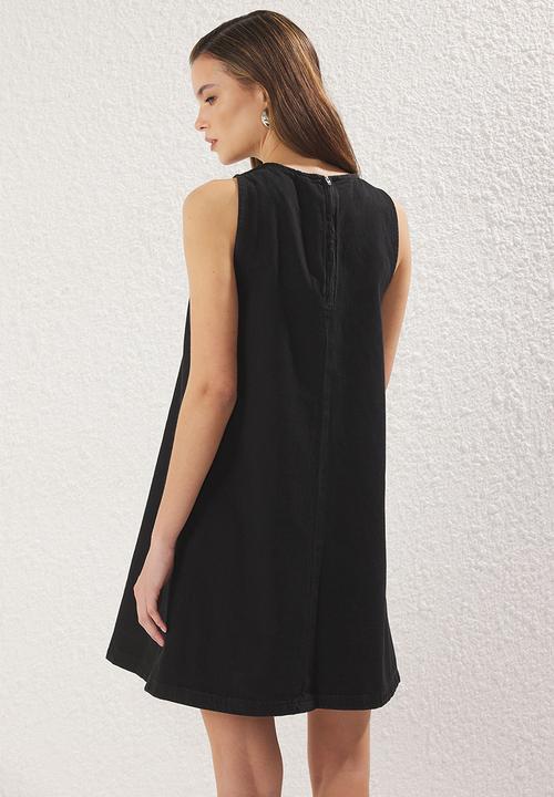 Trendyol - Black flounce oversize mini denim dress  - black