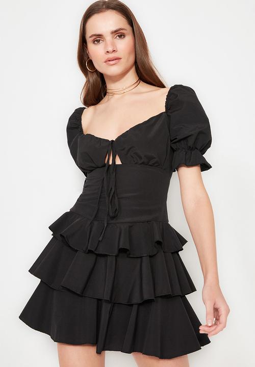 Trendyol - A-line flounce woven poplin mini  dress - black
