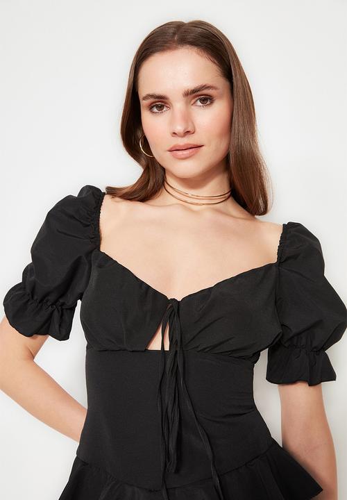 Trendyol - A-line flounce woven poplin mini  dress - black