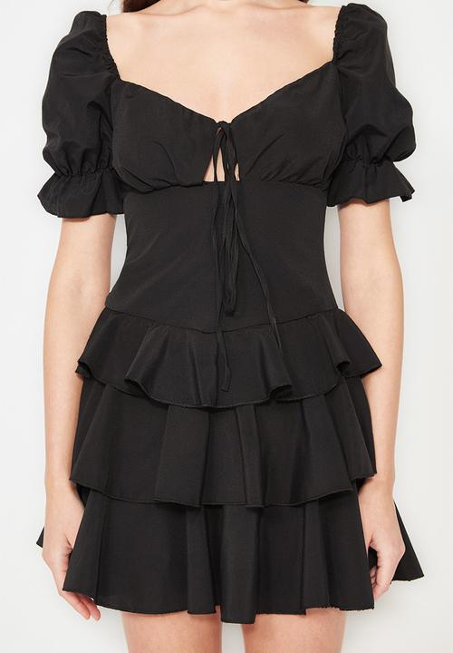 Trendyol - A-line flounce woven poplin mini  dress - black