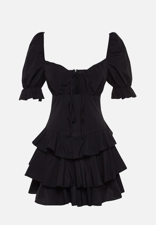 Trendyol - A-line flounce woven poplin mini  dress - black