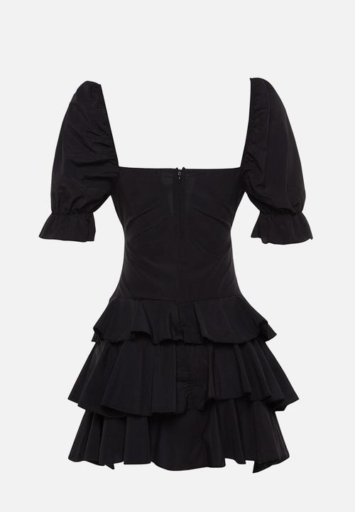 Trendyol - A-line flounce woven poplin mini  dress - black