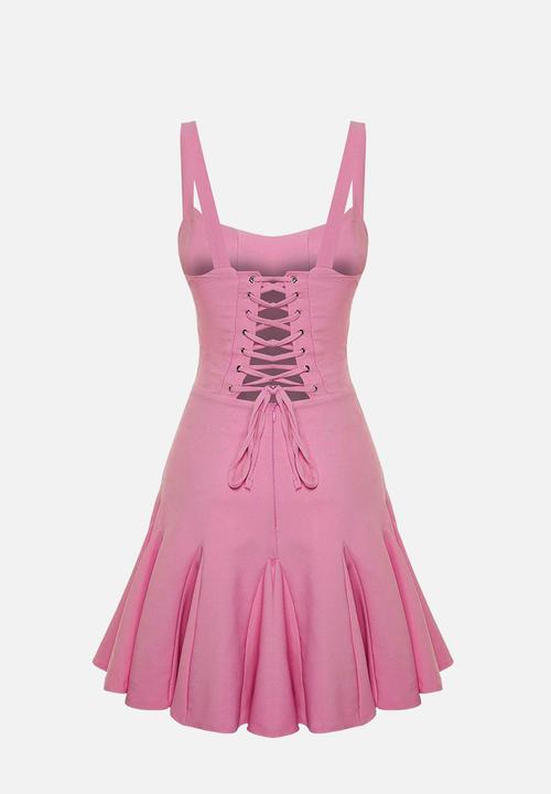 Trendyol - A-line corset piping woven short evening  dress  - pink