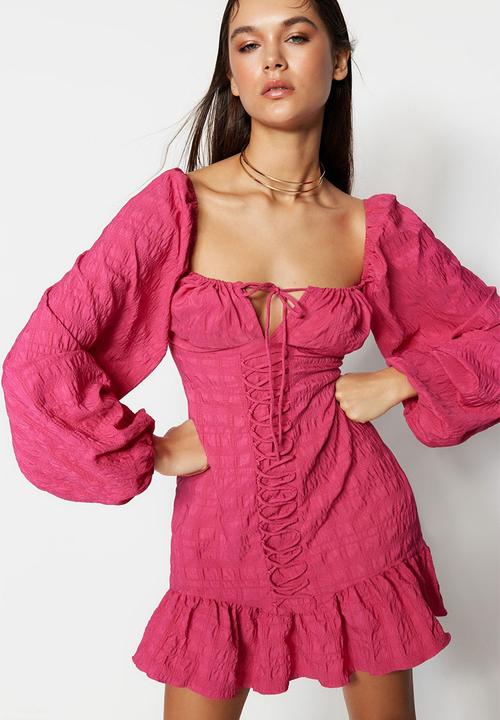 Trendyol - Tie detailed woven short elegant evening night graduation dress  - fuchsia