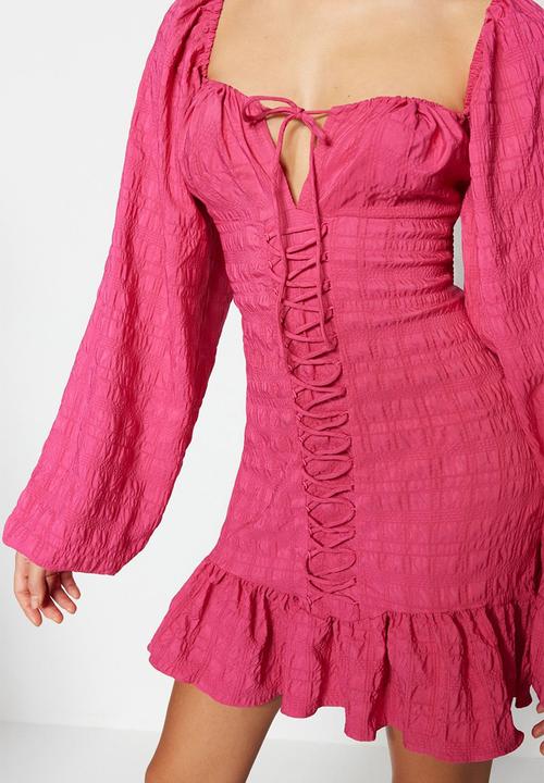 Trendyol - Tie detailed woven short elegant evening night graduation dress  - fuchsia