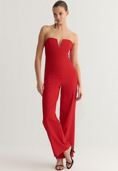 Trendyol - V neck strapless woven jumpsuit  - red