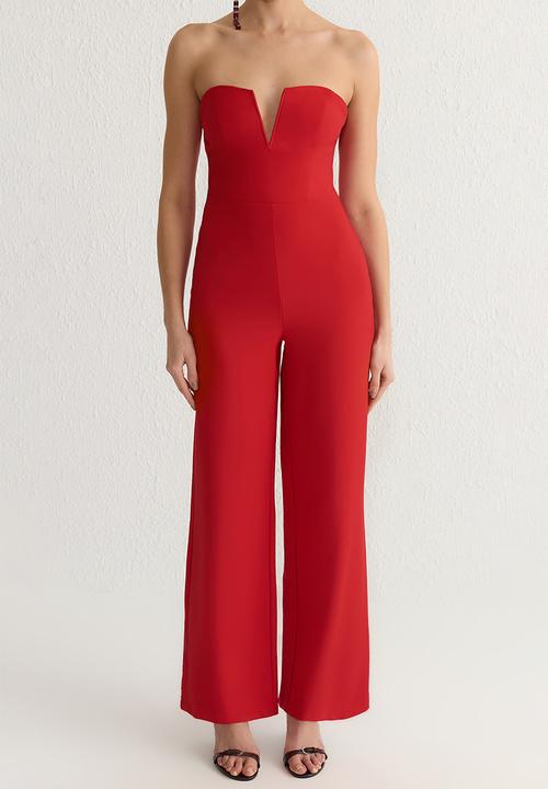 Trendyol - V neck strapless woven jumpsuit  - red